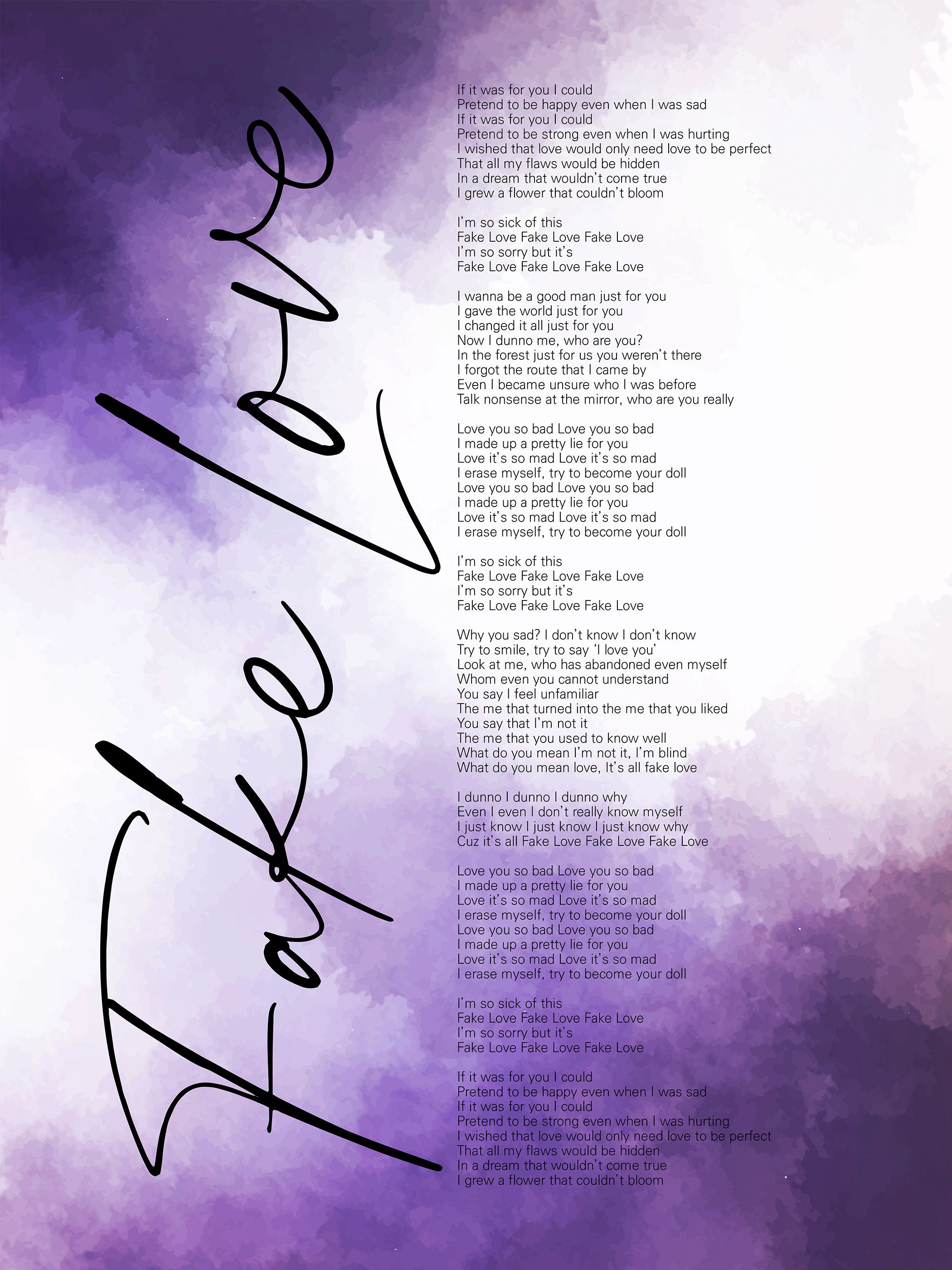 BTS Fake Love Lyrics Prints Poster Digital Download Korean | Etsy