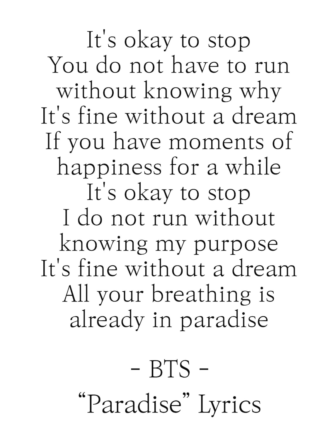 BTS Paradise Lyrics Prints Poster digital Download Korean Etsy