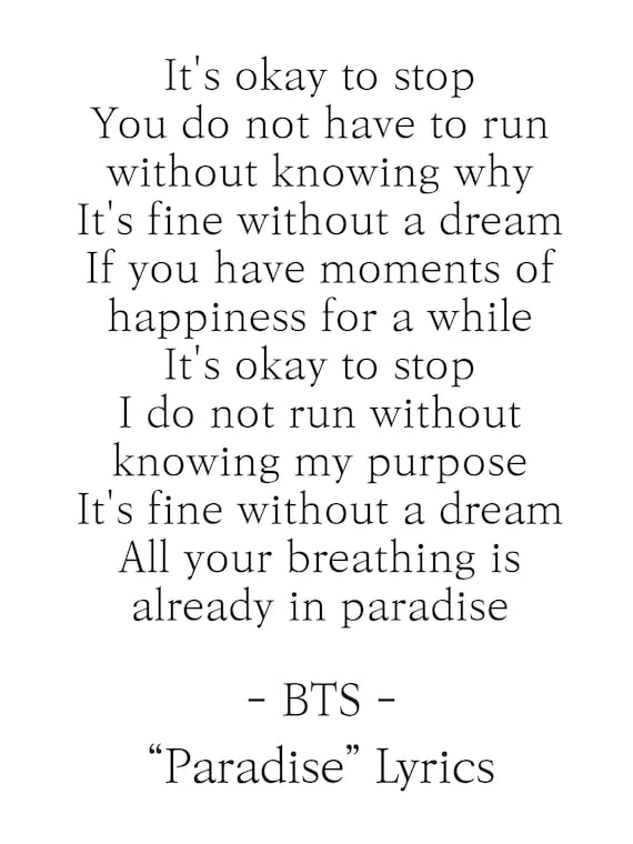 Bts Paradise Lyrics Prints Poster Digital Download Korean Etsy