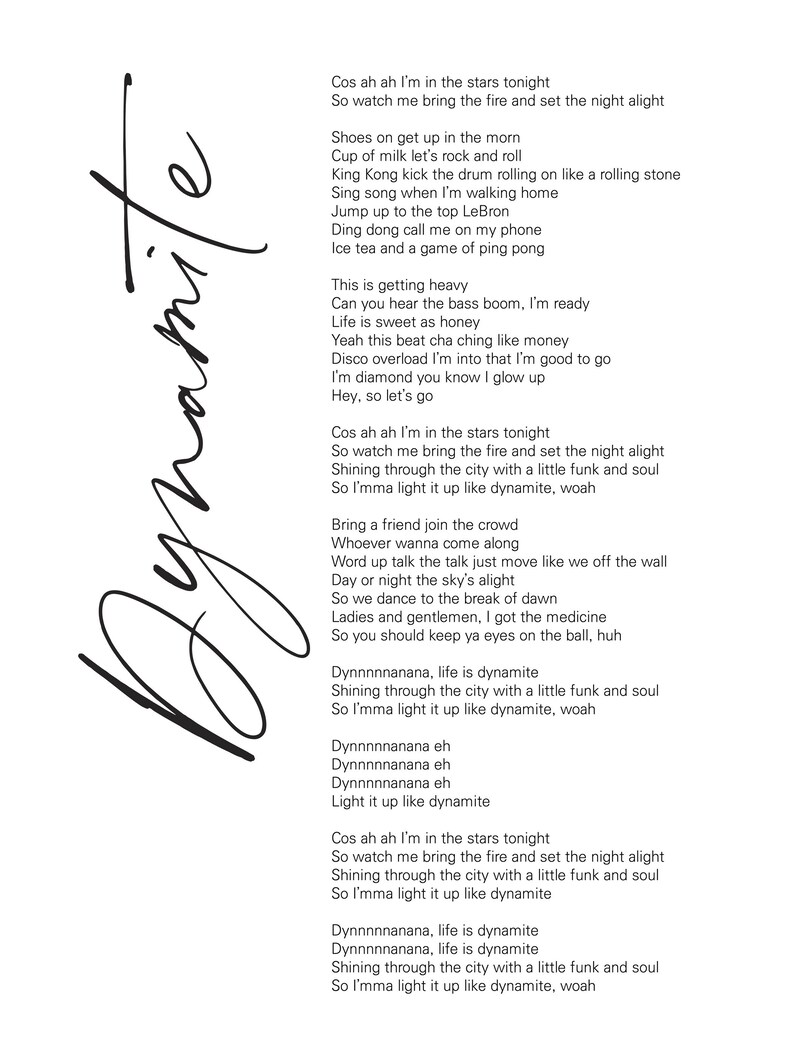 BTS Dynamite Lyrics Prints Poster Digital Download Korean