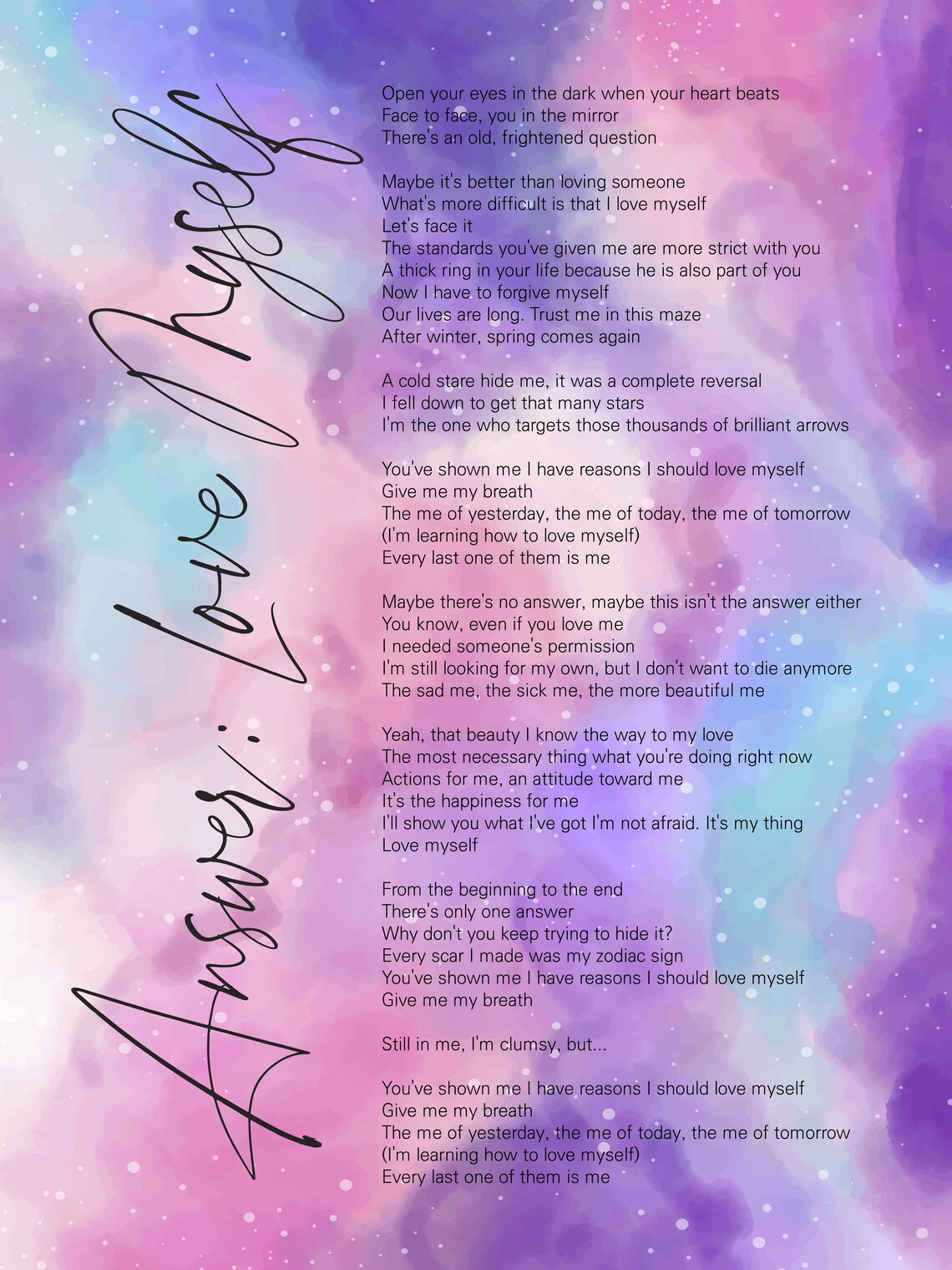 Bts answer love yourself lyrics prints poster digital etsy