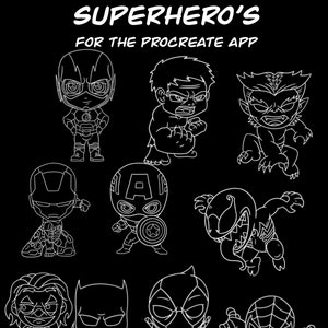 Op de afbeelding: Een set van 10 zwart-witte lijntekeningen van chibi-superhelden en -schurken. De personages omvatten The Flash, Hulk, Wolverine, Iron Man, Captain America, Venom, Joker, Batman, Deadpool en Spiderman. De tekst "INCLUDES: 10 CHIBI VILLAIN AND SUPERHERO'S FOR THE PROCREATE APP" staat bovenaan de afbeelding.
