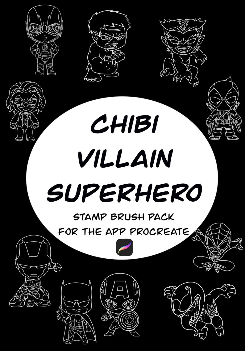 Op de afbeelding: Een set van 10 zwart-witte digitale stempelborstels met chibi-versies van populaire superhelden en schurken. De borstels zijn ontworpen voor gebruik met de Procreate-app. De tekst "CHIBI VILLAIN SUPERHERO STAMP BRUSH PACK FOR THE APP PROCREATE" wordt in het midden van de afbeelding weergegeven.