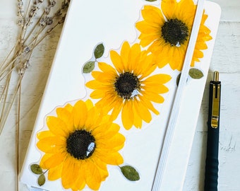 Sunflower Journal, Free Pen with Purchase, Handmade Cover with Real Flowers, Soft White Vegan Leather, Lined, College Rule, A5 Size