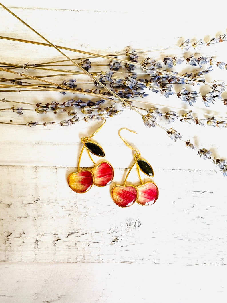 Fruit Earrings, Cherry Jewelry, Light and Fun, Floral, Stainless Steel, Real Flowers image 1