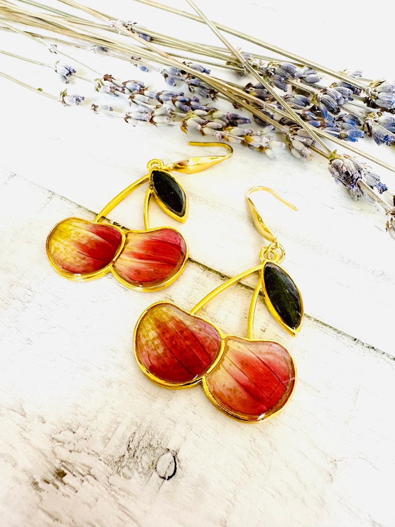 Fruit Earrings, Cherry Jewelry, Light and Fun, Floral, Stainless Steel, Real Flowers image 4