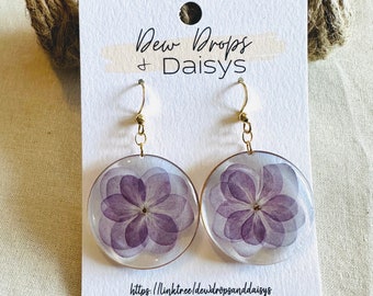 Gold or Silver Circle Floral Dangle Earrings, Purple Flower, Gold Plated Stainless Steel, Real Flowers