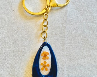 Floral Keychain, Dark Blue with Orange or Light Pink Flowers, Real Flowers Preserved in Resin