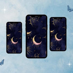 May include: Three smartphones showcasing a celestial wallpaper. The design has a dark blue backdrop with gold accents, including crescent moons, stars, and decorative swirls. The phones are set against a light blue background with butterfly and star illustrations.
