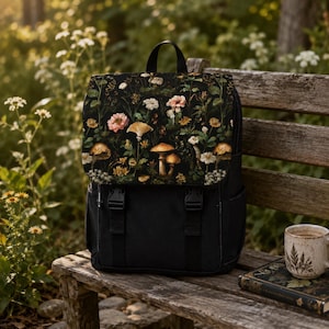Könnte beinhalten: Ein schwarzer Rucksack mit einer Klappe, die mit einem botanischen Druck aus verschiedenen Pilzen, Wildblumen und Blättern in Orange-, Gelb-, Weiß- und Grüntönen versehen ist. Der Rucksack verfügt über zwei schwarze vertikale Riemen mit Kunststoffschnallen.
