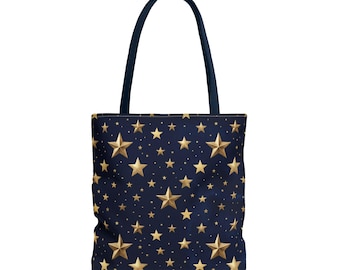 Gold Star Pattern Tote Bag | Navy Night Sky Stars All Over Print