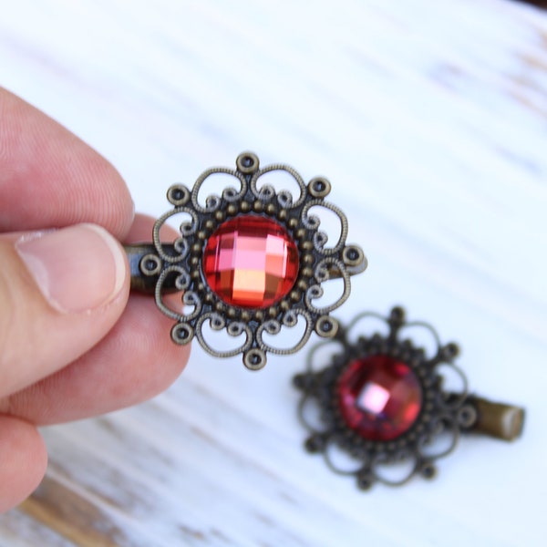 Vintage Filigree Flower Garnet Hair Clip, Vintage Garnet Crystal Clips, Hair Clips for Weddings,Clips for Women/Girls by AccentsBySonia