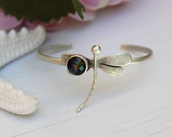 Dragonfly Abalone Quartz Silver Cuff Bracelet//Adjustable Cuff Bracelet//Dragonfly Silver Jewelry// Birthday Celebrations