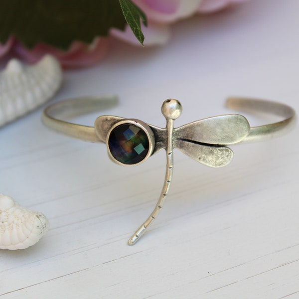 Dragonfly Abalone Quartz Silver Cuff Bracelet//Adjustable Cuff Bracelet//Dragonfly Silver Jewelry// Birthday Celebrations