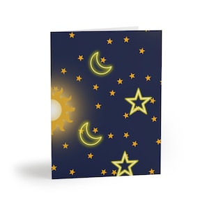 Tarjetas de felicitación celestiales: noche estrellada, sol y luna. Ideales para cumpleaños, bodas, agradecimientos y celebraciones.