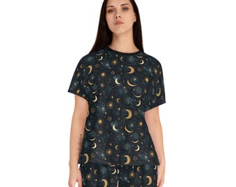 Komplet piżamowy z półksiężycem dla kobiet | Odzież domowa z nadrukiem gwiazd | Komplet nocnych szortów z nadrukiem nocnego nieba