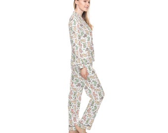 Women's Satin Bunny Pajama Set | Button Front Sleepwear, Lounge Wear