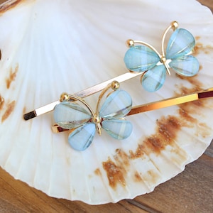 Sky Blue Gold Butterfly Hair Pins, Blue Butterfly Bobby Pins, Set of 2 Blue Wedding Hair Accessories , Gifts for Her AccentsBySonia