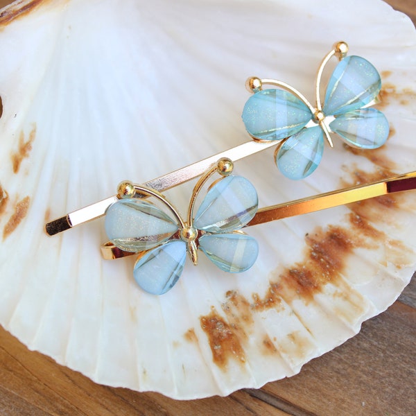 Sky Blue Gold Butterfly Hair Pins, Blue Butterfly Bobby Pins, Set of 2 Blue Wedding Hair Accessories , Gifts for Her AccentsBySonia
