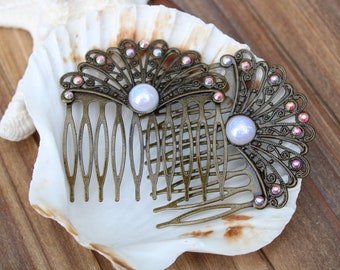 Rainbow Crystal Faux Pearl Bridal Hair Combs//Set of Vintage Crystal Hair Combs//Gifts for Friends
