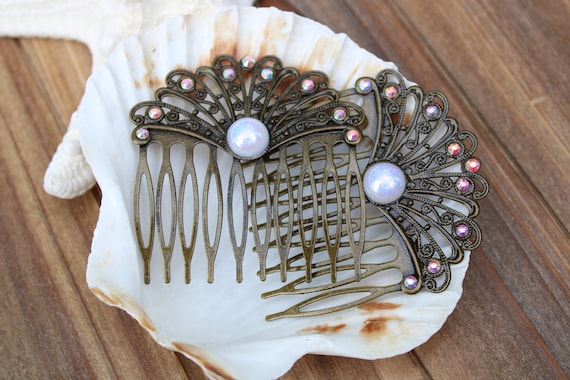 Vintage Bronze Hair Combs: Rainbow Crystal Faux Pearl Bridal  display picture 3