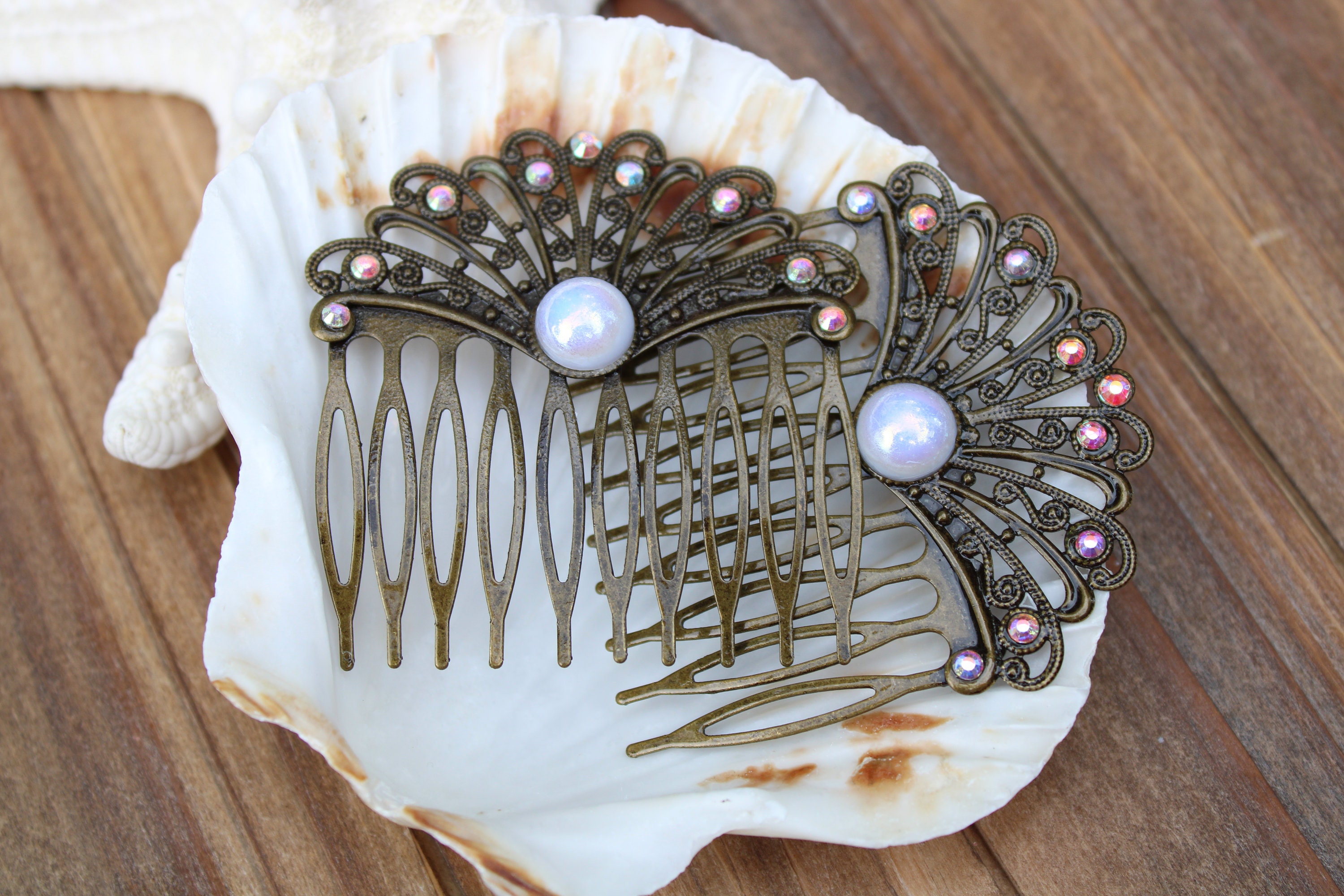 Vintage Bronze Hair Combs: Rainbow Crystal Faux Pearl Bridal 