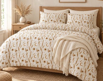 Boho Dried Flowers Pattern Cotton Bed Set | Neutral Floral Duvet Cover