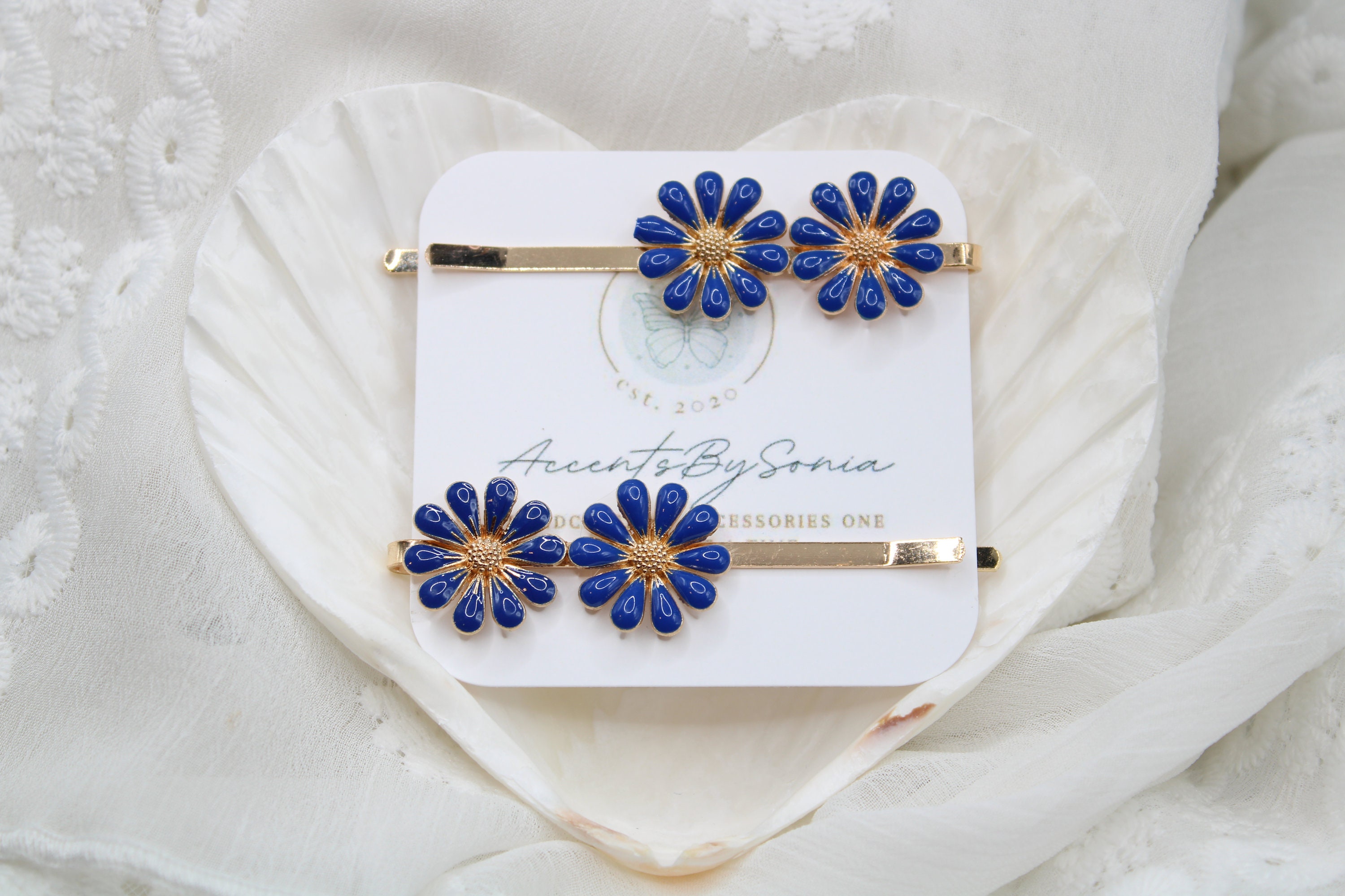 Blue and Gold Floral Hair Accessory Set Blue Pearl Hair Pins, Bridal Hair Pin Set, Wedding Hair  main image 3