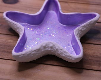 Handmade Purple Starfish Jewelry Dish: Coastal Ceramic Ring Holder