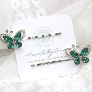 Emerald Crystal Butterfly Hair Pins: Rhinestone Bobby Pin Set