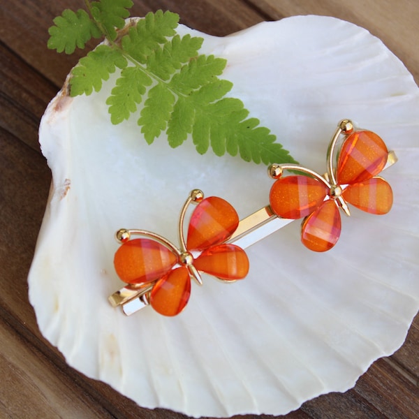 Vibrant Orange and Gold Butterfliy Hair Pins//Butterfly Bobby Pins//Set// Accessories// Gifts for Her//Butterfly Hair Pin//AccentsBysonia