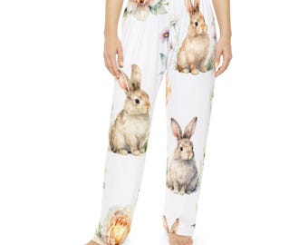 Watercolor Bunny Floral Pajama Pants | Bunny Print Loungewear