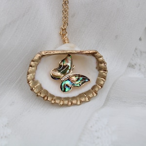 Abalone Butterfly Seashell Necklace: Gold Filled Coastal Pendant