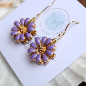 Handmade Lavender Daisy Drop Earrings: Gold-Plated Floral Jewelry
