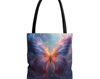 Luminous Butterfly Tote Bag | Amber Violet Floral Canvas Shoulder Bag