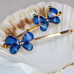 Blue Butterfly Bobby Pins: Gold Bridal Hair Accessories (Set of 2)