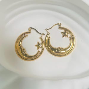 Gold Moon and Star Hoop Earrings | Celestial Face Moon Hoops | Cosmic Statement Jewelry