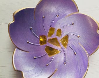 Handcrafted Purple Flower Ring Dish: Gold Ceramic Jewelry Tray