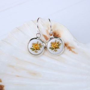 Vintage Yellow Rose Porcelain 925 Silver Hoop Earrings
