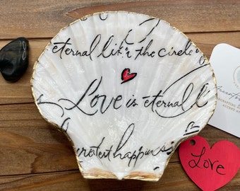 Decoupage Scallop Shell Jewelry Dish: Love is Eternal, Gold Trim