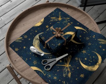 Papel de regalo con diseño de luna y estrellas celestiales / Papel artístico azul marino y dorado (satinado o mate)