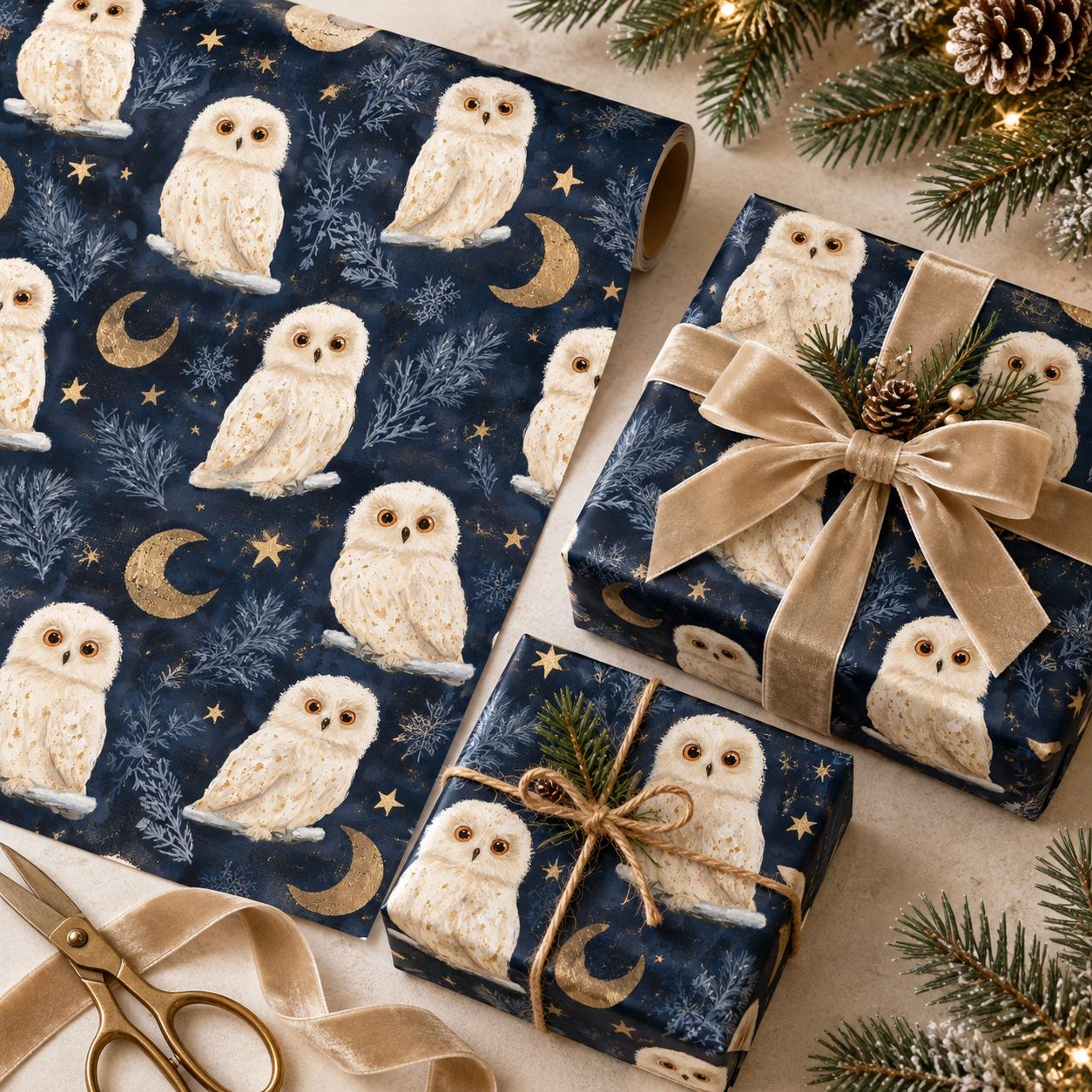 Moon and Owl Pattern Gift Wrap Papers