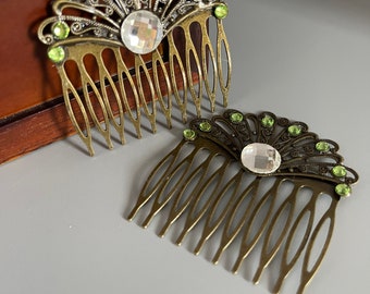 Vintage Hair Combs, Set of 2 Embellished Hair Combs, Vintage Style Hair Piece Peridot by AccentsBySonia