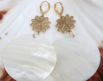 Gold Floral Pendant Shell Earrings: Iridescent White Pearl Dangles