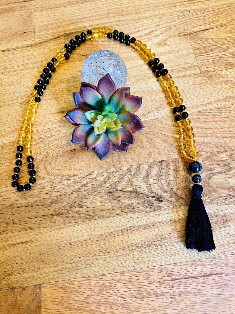 Mala Beads Meditation Beads Onyx and Yellow Citrine Mala with Black Labradorite and Garnet Meditation Prayer Beads Yoga Jewelry