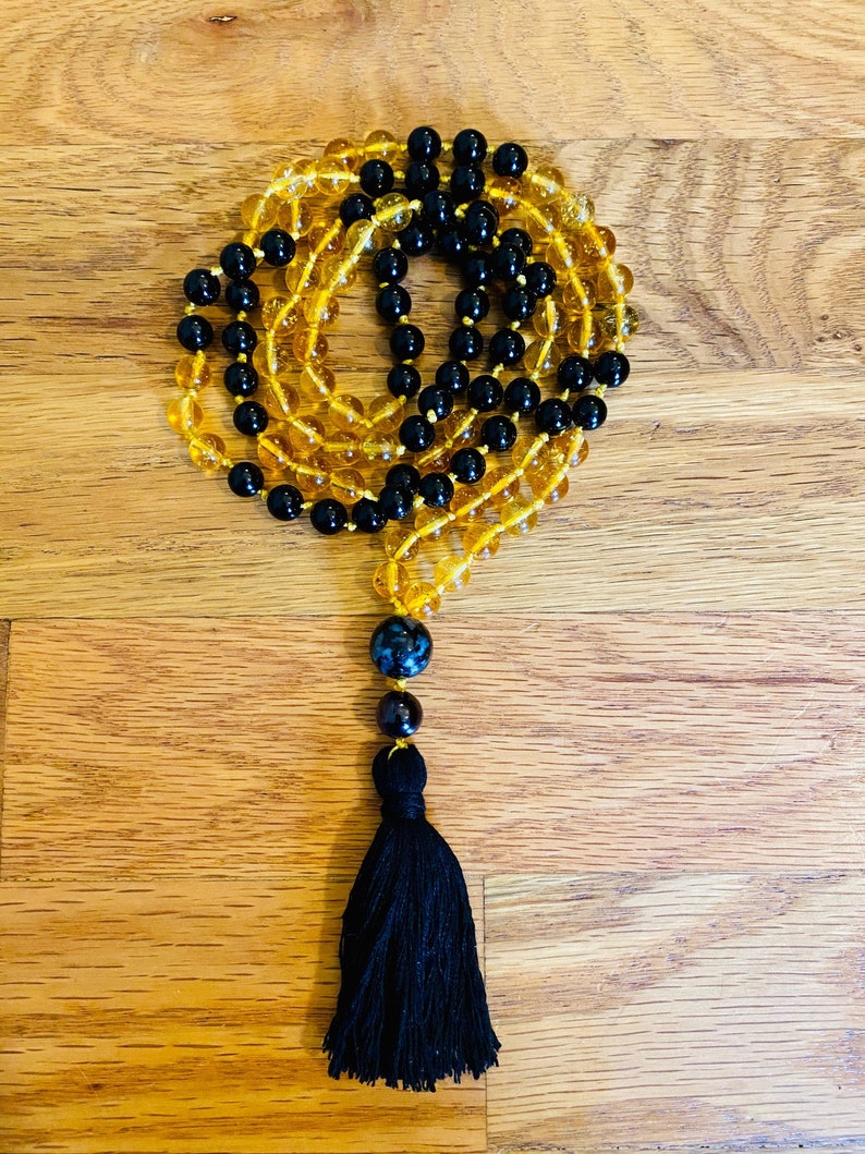 Mala Beads Meditation Beads Onyx and Yellow Citrine Mala with Black Labradorite and Garnet Meditation Prayer Beads Yoga Jewelry