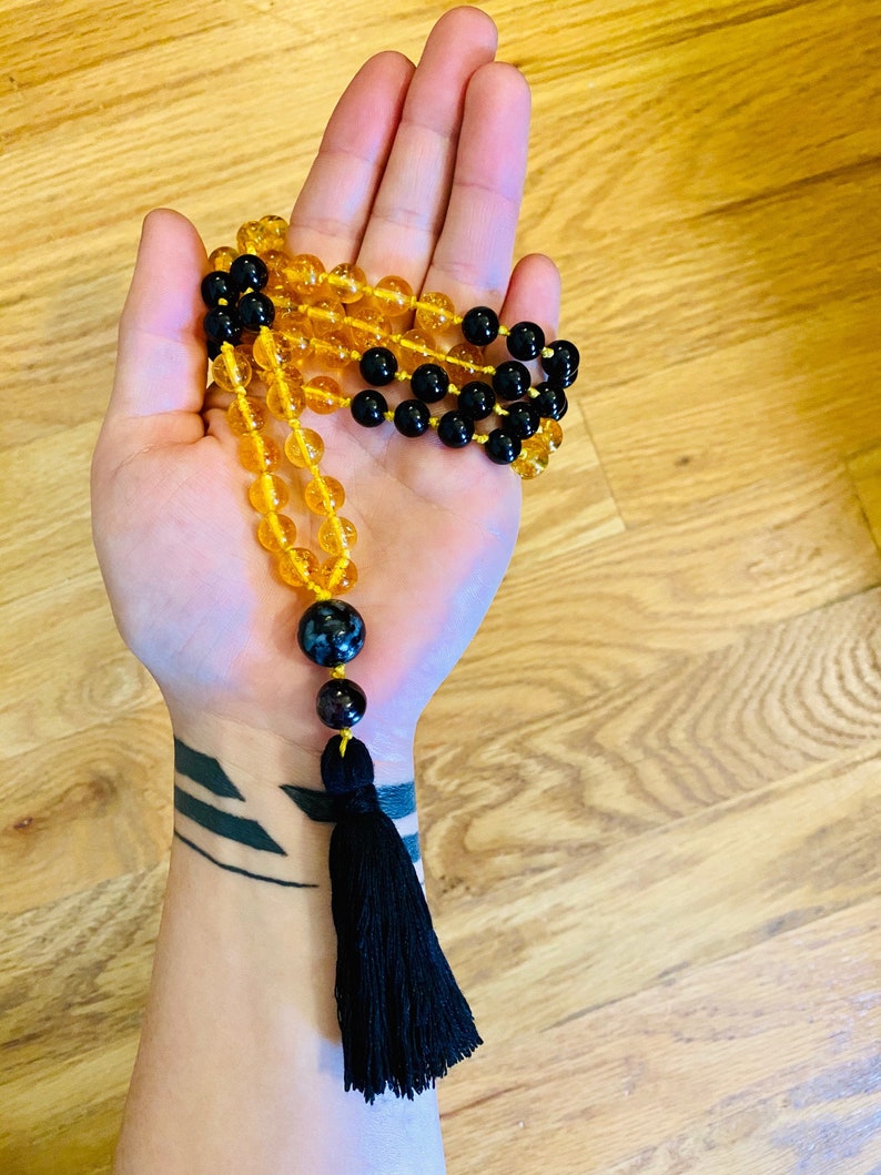 Mala Beads Meditation Beads Onyx and Yellow Citrine Mala with Black Labradorite and Garnet Meditation Prayer Beads Yoga Jewelry