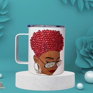 Personalized Rhinestone Afro Lady Mug: Stainless Steel Bling Coffee Cup