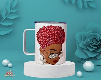 Personalized bling mugs. 12oz Rhinestone Afro Lady coffee mugs. Stainless steel Bling coffee cup. Afro bling mugs, gifts for her