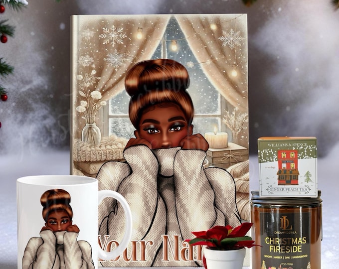 Featured listing image: Personalized Black Girl  Winter Journal & Mug Set. Black Woman Art Gift Box.  Cozy Christmas Gift for her